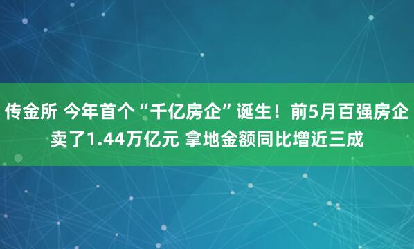 传金所 今年首个“千亿房企”诞生！前5月百强房企卖了1.44万亿元 拿地金额同比增近三成